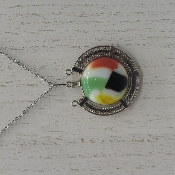 483- Multicolor Fused Glass Wire Wrapped Women's Pendant Necklace Handmade NWT - Picture 2 of 6